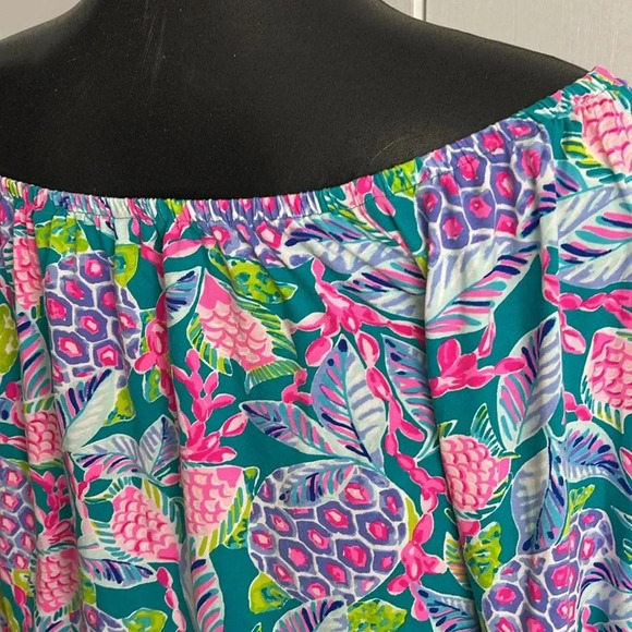 Lilly Pulitzer Lana Off-The-Shoulder Top Maldives Green Turtle Wave Size XLarge - Picture 9 of 15